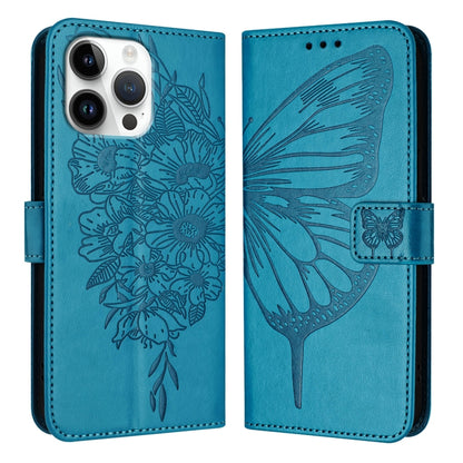 For iPhone 16 Pro Max Embossed Butterfly Leather Phone Case(Blue) by buy2fix