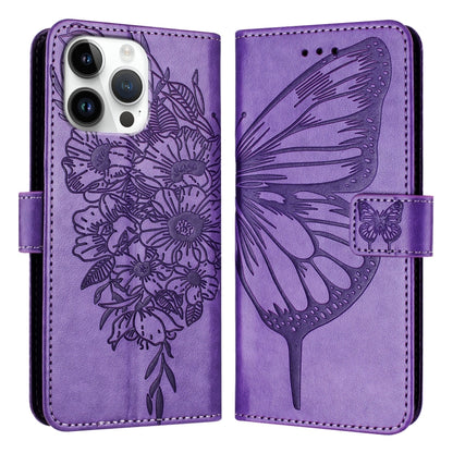For iPhone 16 Pro Max Embossed Butterfly Leather Phone Case(Light Purple) by buy2fix