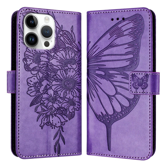 For iPhone 16 Pro Max Embossed Butterfly Leather Phone Case(Light Purple) by buy2fix