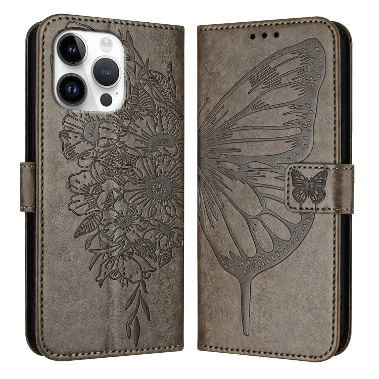 For iPhone 16 Pro Max Embossed Butterfly Leather Phone Case(Grey) by buy2fix