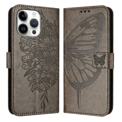 For iPhone 16 Pro Max Embossed Butterfly Leather Phone Case(Grey) by buy2fix