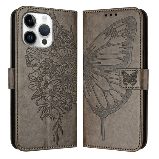 For iPhone 16 Pro Max Embossed Butterfly Leather Phone Case(Grey) by buy2fix