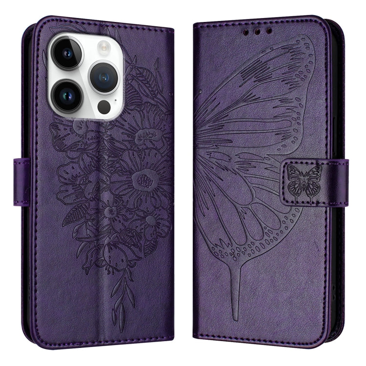 For iPhone 16 Pro Embossed Butterfly Leather Phone Case(Dark Purple) by buy2fix
