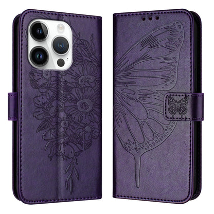 For iPhone 16 Pro Embossed Butterfly Leather Phone Case(Dark Purple) by buy2fix