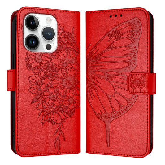 For iPhone 16 Pro Embossed Butterfly Leather Phone Case(Red) by buy2fix