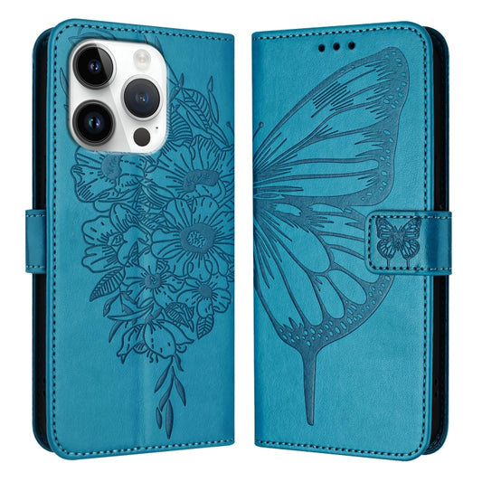 For iPhone 16 Pro Embossed Butterfly Leather Phone Case(Blue) by buy2fix