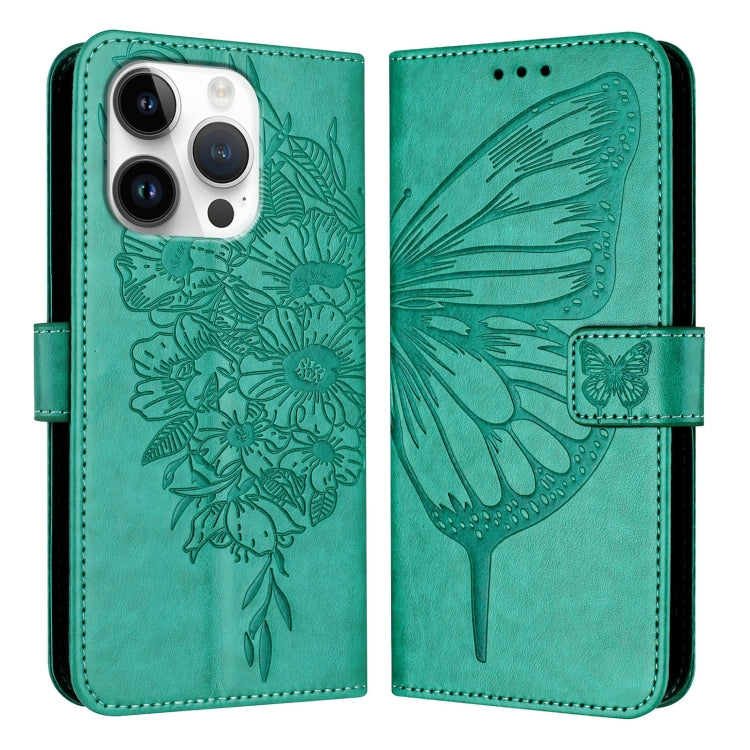 For iPhone 16 Pro Embossed Butterfly Leather Phone Case(Green) by buy2fix