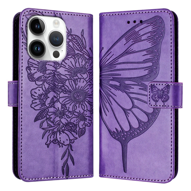 For iPhone 16 Pro Embossed Butterfly Leather Phone Case(Light Purple) by buy2fix