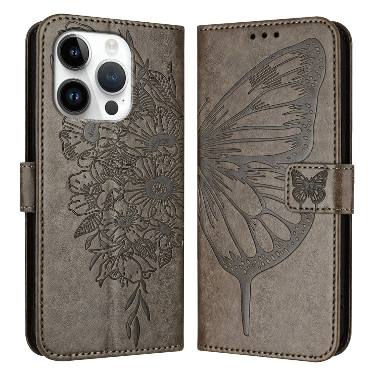 For iPhone 16 Pro Embossed Butterfly Leather Phone Case(Grey) by buy2fix