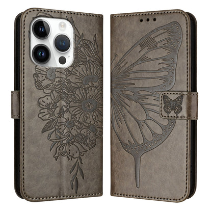 For iPhone 16 Pro Embossed Butterfly Leather Phone Case(Grey) by buy2fix