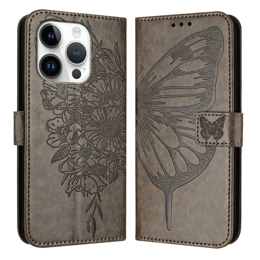 For iPhone 16 Pro Embossed Butterfly Leather Phone Case(Grey) by buy2fix
