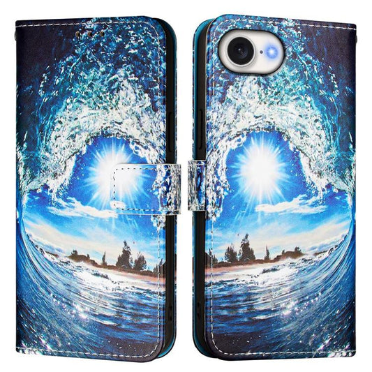 For iPhone 16e Colored Drawing Pattern Plain Weave Leather Phone Case(Waves And Sun) by buy2fix