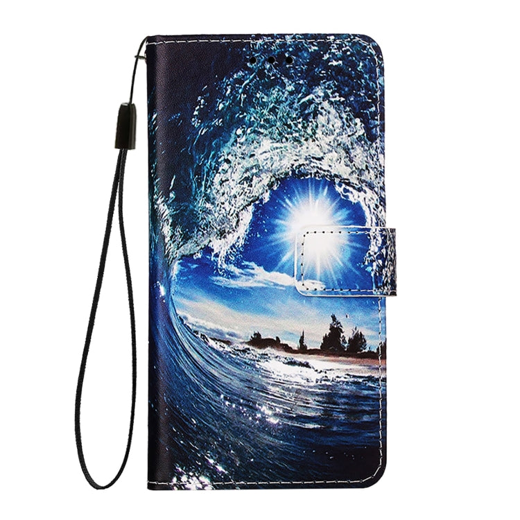 For iPhone 16e Colored Drawing Pattern Plain Weave Leather Phone Case(Waves And Sun) by buy2fix