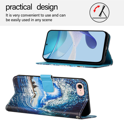 For iPhone 16e Colored Drawing Pattern Plain Weave Leather Phone Case(Waves And Sun) by buy2fix