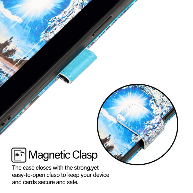 For iPhone 16e Colored Drawing Pattern Plain Weave Leather Phone Case(Waves And Sun) by buy2fix