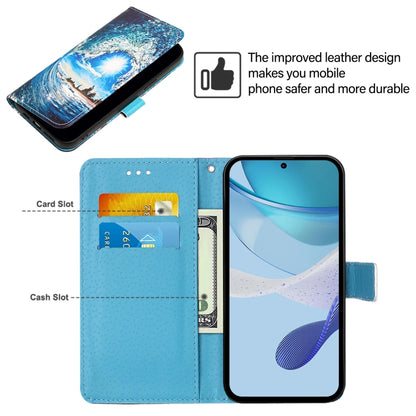 For iPhone 16e Colored Drawing Pattern Plain Weave Leather Phone Case(Waves And Sun) by buy2fix