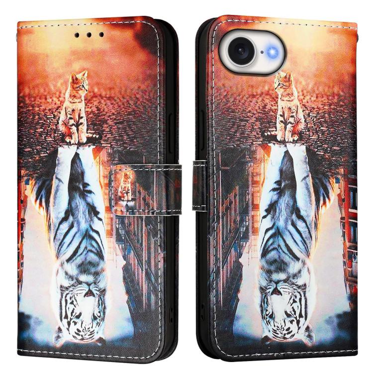 For iPhone 16e Colored Drawing Pattern Plain Weave Leather Phone Case(Cats And Tigers) by buy2fix