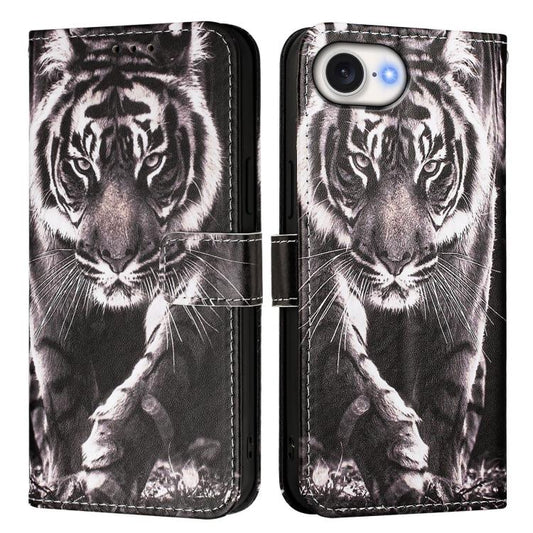 For iPhone 16e Colored Drawing Pattern Plain Weave Leather Phone Case(Black And White Tiger) by buy2fix
