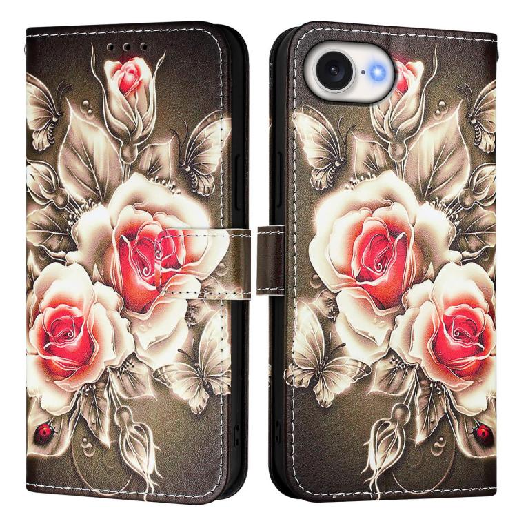 For iPhone 16e Colored Drawing Pattern Plain Weave Leather Phone Case(Roses On Black) by buy2fix
