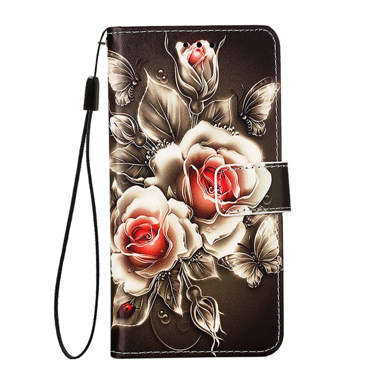 For iPhone 16e Colored Drawing Pattern Plain Weave Leather Phone Case(Roses On Black) by buy2fix
