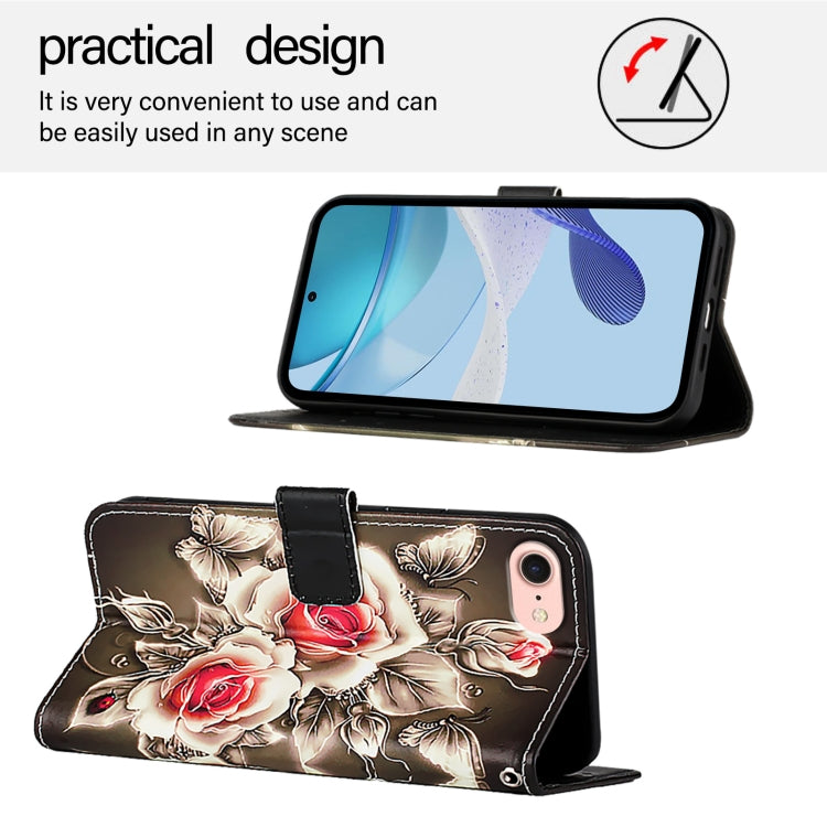 For iPhone 16e Colored Drawing Pattern Plain Weave Leather Phone Case(Roses On Black) by buy2fix