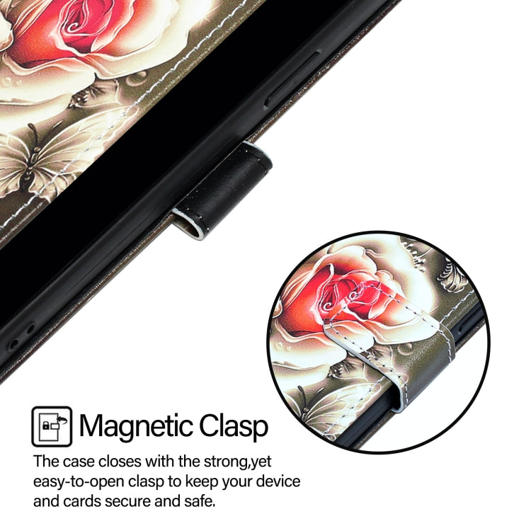 For iPhone 16e Colored Drawing Pattern Plain Weave Leather Phone Case(Roses On Black) by buy2fix