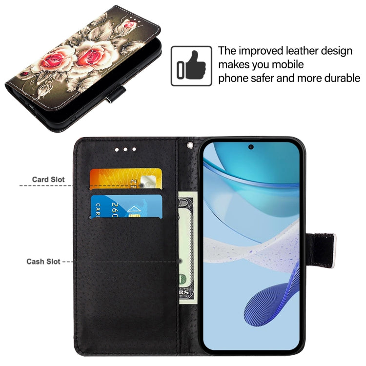 For iPhone 16e Colored Drawing Pattern Plain Weave Leather Phone Case(Roses On Black) by buy2fix