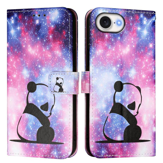 For iPhone 16e Colored Drawing Pattern Plain Weave Leather Phone Case(Baby Panda) by buy2fix