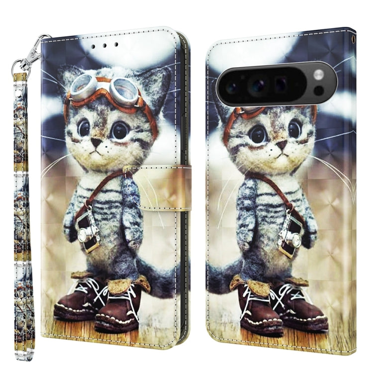 For Google Pixel 9 3D Painted Pattern Leather Phone Case(Naughty Cat) by buy2fix