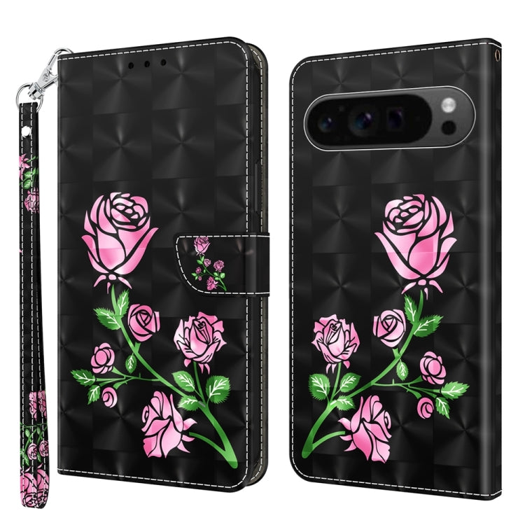 For Google Pixel 9 3D Painted Pattern Leather Phone Case(Rose) by buy2fix
