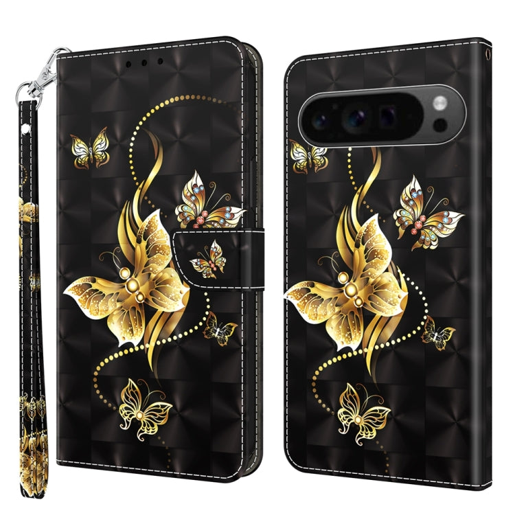 For Google Pixel 9 3D Painted Pattern Leather Phone Case(Golden Butterfly) by buy2fix