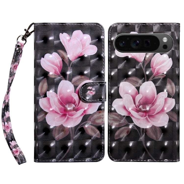 For Google Pixel 9 3D Painted Pattern Leather Phone Case(Pink Flower) by buy2fix