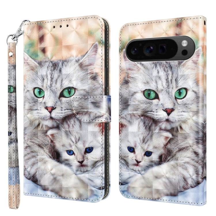 For Google Pixel 9 Pro 3D Painted Pattern Leather Phone Case(Two Loving Cats) by buy2fix