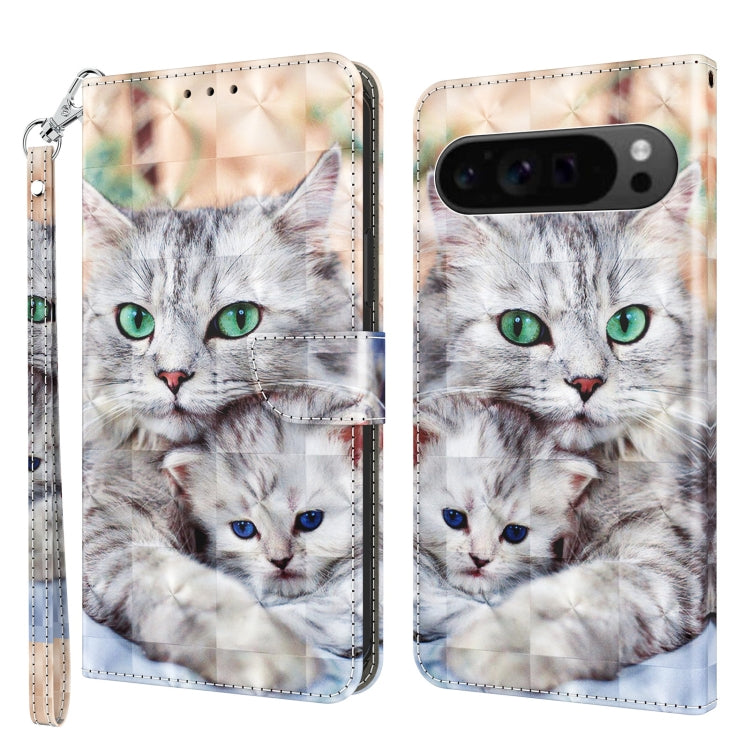 For Google Pixel 9 Pro XL 3D Painted Pattern Leather Phone Case(Two Loving Cats) by buy2fix