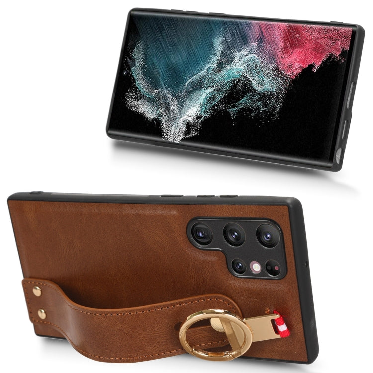 For Samsung Galaxy S22 Ultra 5G Wristband Leather Back Phone Case(Brown) by buy2fix