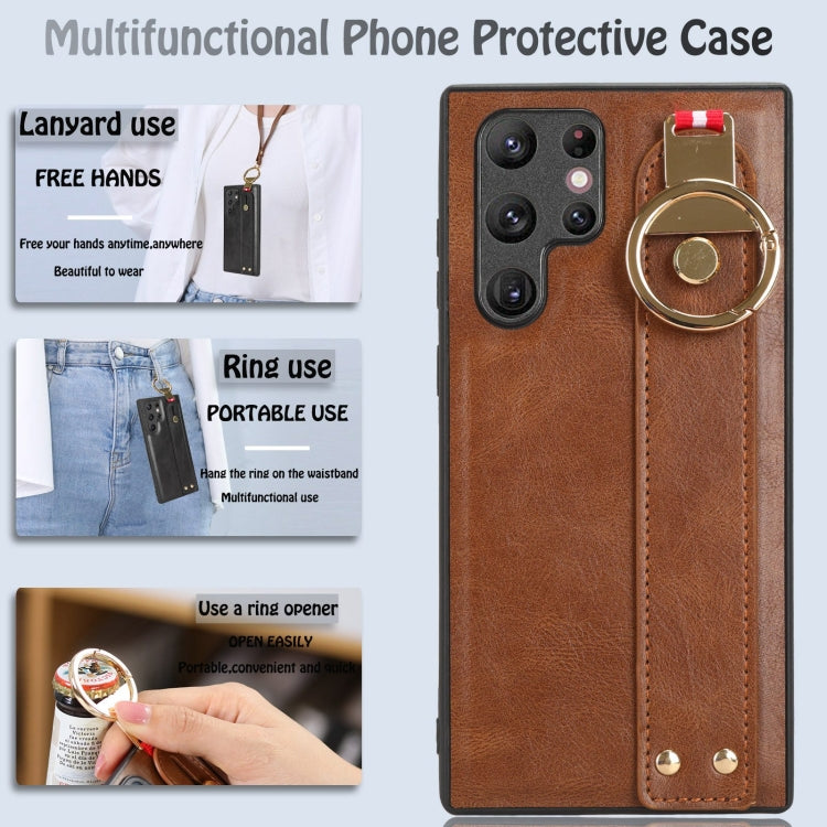 For Samsung Galaxy S22 Ultra 5G Wristband Leather Back Phone Case(Brown) by buy2fix