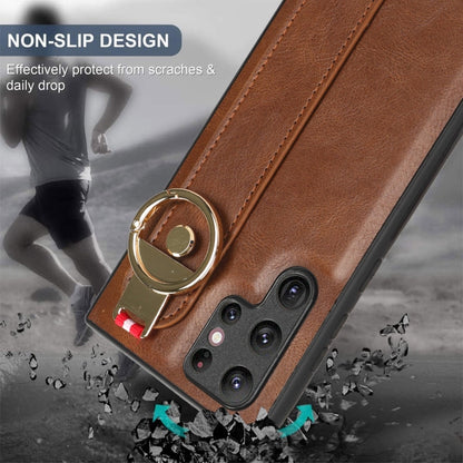 For Samsung Galaxy S22 Ultra 5G Wristband Leather Back Phone Case(Brown) by buy2fix