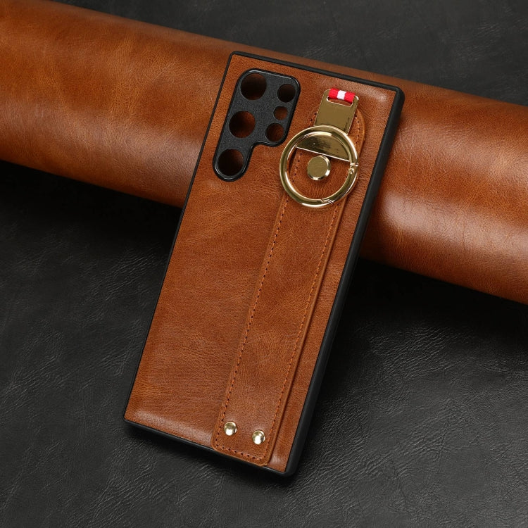For Samsung Galaxy S22 Ultra 5G Wristband Leather Back Phone Case(Brown) by buy2fix