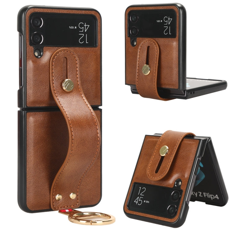 For Samsung Galaxy Z Flip4 Wristband Leather Back Phone Case(Brown) by buy2fix