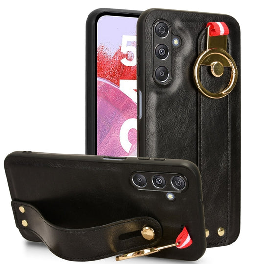 For Samsung Galaxy M34 5G Wristband Leather Back Phone Case(Black)
