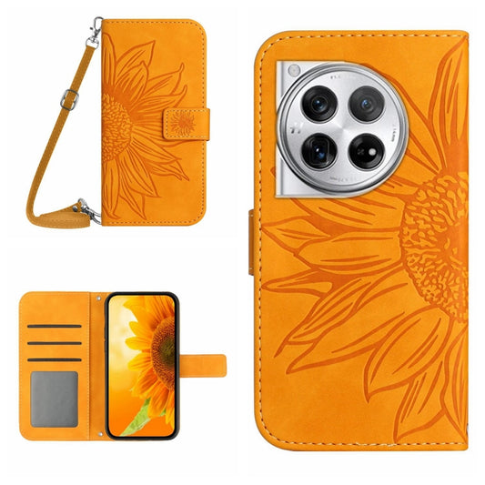 For OnePlus 12 5G Global Skin Feel Sun Flower Embossed Leather Phone Case with Lanyard(Yellow) - OnePlus Cases by buy2fix | Online Shopping UK | buy2fix