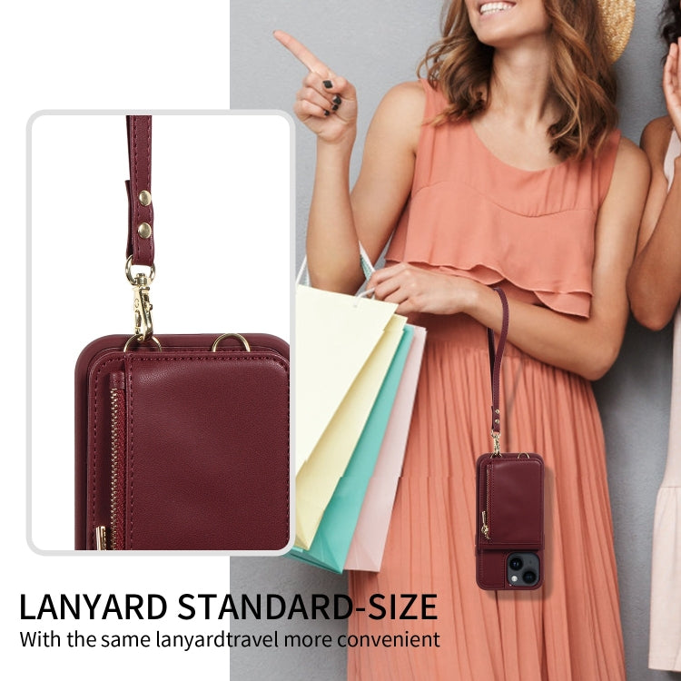For iPhone 14 Plus Crossbody Lanyard Zipper Wallet Leather Phone Case(Wine Red) - iPhone 14 Plus Cases by buy2fix | Online Shopping UK | buy2fix