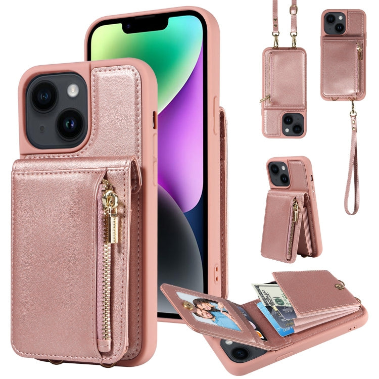 For iPhone 14 Plus Crossbody Lanyard Zipper Wallet Leather Phone Case(Rose Gold) - iPhone 14 Plus Cases by buy2fix | Online Shopping UK | buy2fix
