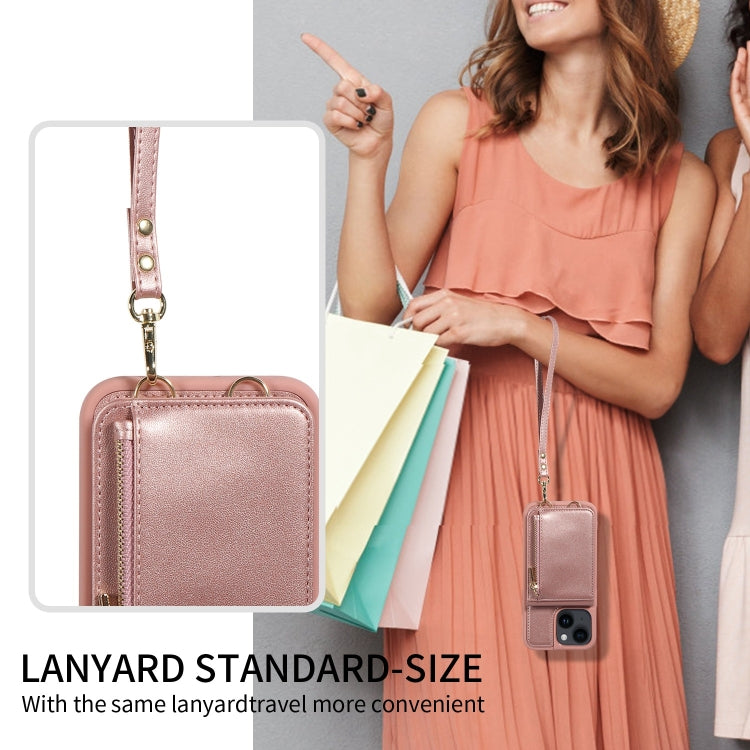 For iPhone 14 Plus Crossbody Lanyard Zipper Wallet Leather Phone Case(Rose Gold) - iPhone 14 Plus Cases by buy2fix | Online Shopping UK | buy2fix