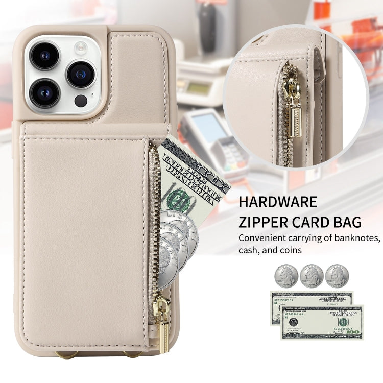 For iPhone 14 Pro Max Crossbody Lanyard Zipper Wallet Leather Phone Case(Beige) - iPhone 14 Pro Max Cases by buy2fix | Online Shopping UK | buy2fix