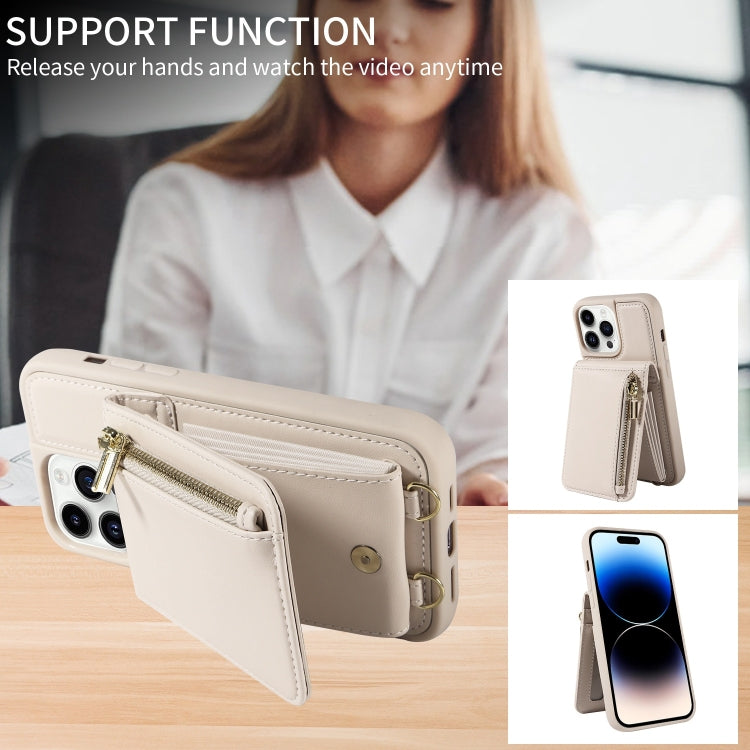 For iPhone 14 Pro Max Crossbody Lanyard Zipper Wallet Leather Phone Case(Beige) - iPhone 14 Pro Max Cases by buy2fix | Online Shopping UK | buy2fix