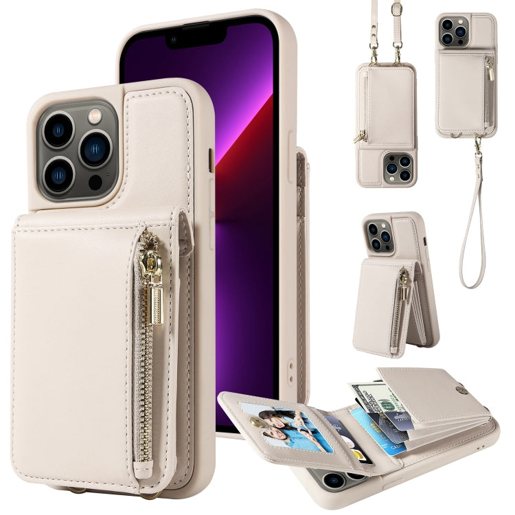 For iPhone 13 Pro Crossbody Lanyard Zipper Wallet Leather Phone Case(Beige) - iPhone 13 Pro Cases by buy2fix | Online Shopping UK | buy2fix