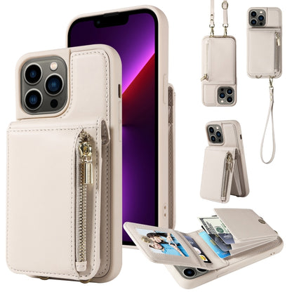 For iPhone 13 Pro Crossbody Lanyard Zipper Wallet Leather Phone Case(Beige) - iPhone 13 Pro Cases by buy2fix | Online Shopping UK | buy2fix