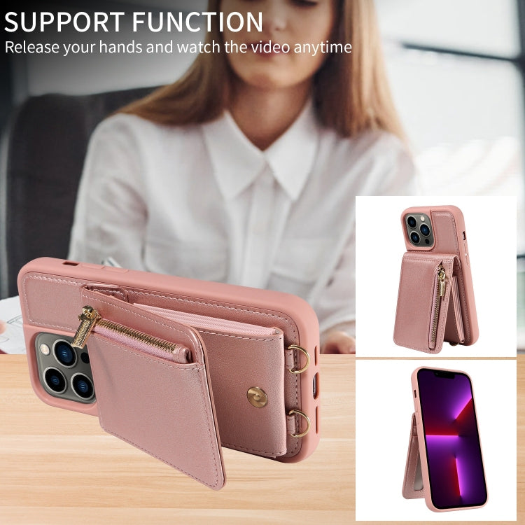 For iPhone 13 Pro Crossbody Lanyard Zipper Wallet Leather Phone Case(Rose Gold) - iPhone 13 Pro Cases by buy2fix | Online Shopping UK | buy2fix