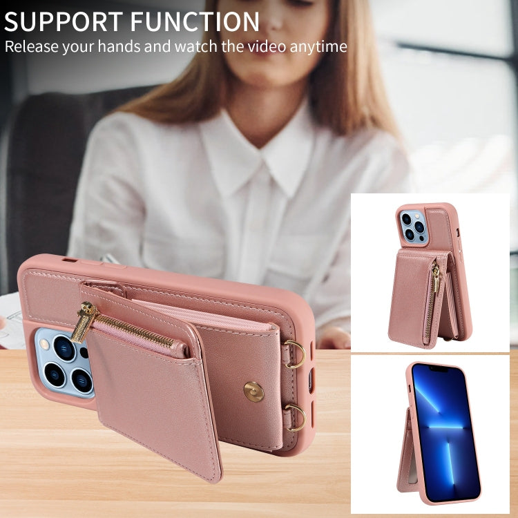 For iPhone 13 Pro Max Crossbody Lanyard Zipper Wallet Leather Phone Case(Rose Gold) - iPhone 13 Pro Max Cases by buy2fix | Online Shopping UK | buy2fix